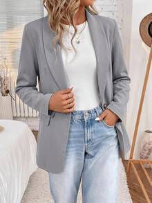 SHEIN LUNE 2024秋冬新款灰綠色女款收腰鈕扣西裝外套，休閒風 - 淺灰色 - 查看 6