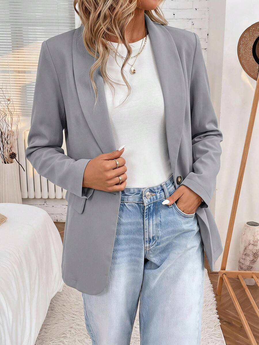 SHEIN LUNE 2024 Autumn/Winter New Arrival Grey-Green Women Waist-Cinched Buttoned Blazer,Casual - Light Grey - View 1