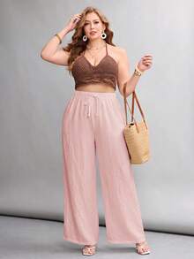 SHEIN PETITE CURVE 大尺碼全鬆緊腰休閒長褲 - 粉色 - 查看 3