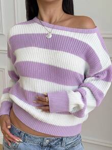 SHEIN Teen Girls Casual Striped Knit Sweater, Minimalist Fashion, Suitable For Daily Wear, Autumn, Winter - Purple - View 3