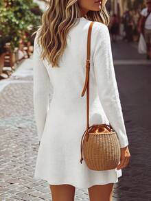 Hansera Christmas Women's Winter White Solid Color Metal Button Sweater Dress - White - View 2