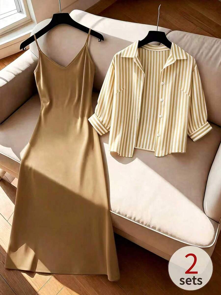 GlowEve CURVE 春夏新款巧克力棕白色翻領休閒優雅 Eleganza 女款襯衫 + V領細肩帶洋裝,收腰中長洋裝,2件套 - 咖啡棕 - 查看 1