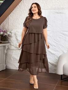 Lacomfia Plus Size Short Sleeve Solid Color Chiffon Multi-Layer Asymmetrical Hem Midi Dress For Women Formal Wedding Guest Brown Summer Elegant - Coffee Brown - View 7