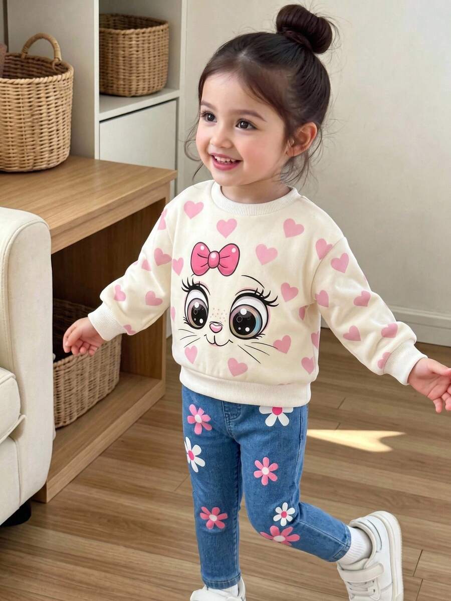 SHEIN Baby Girl Knitted Cute Heart Pattern Crew Neck Casual Sweatshirt And Long Pants 2 Pieces Set,Suitable For Autumn And Winter - Multicolor - View 1