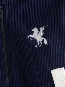 SHEIN Playful Pals Baby Boy Autumn/Winter Front Zipper Embroidered Thermal Lined Corduroy Hooded Jacket, Suitable For Holidays, Parties, Outdoor, School, 6M-3T, Baby Boy Jacket, Toddler Clothing, Baby Clothing - Navy Blue - View 7