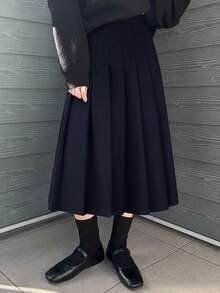 DAZY Teen Girl Casual Versatile Solid Color Pleated Skirt Fall - Navy Blue - View 6