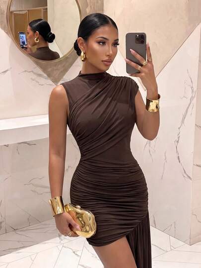 Slaydiva Brown High Neck Draped Shoulder Ruched Side Split Long Train Party Mini Dress-A