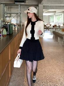 DAZY Women's Round Neck Bow Contrast Color Long Sleeve Girly Sweater Fall Cardigan - Black and White - View 6