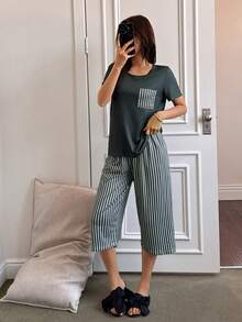 SHEIN Women's Casual Leopard Print Pocket Round Neck Short Sleeve Capri Pants 2 Pieces Pajama Set - Multicolor - View 5