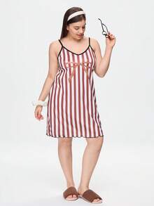 Bonmuse Plus Size Women's Nightgown, Sweet Pink Bow Print, Spaghetti Strap Short Dress, Casual Loose Comfortable, Suitable For Summer - Mocha Brown - View 8