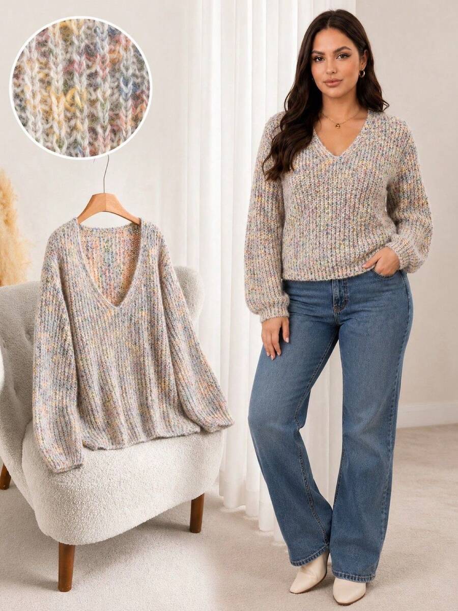CosyJoli Sweater Pullover Lengan Panjang Rajut Tebal Warna-warni Leher V untuk Wanita Ukuran Besar Musim Dingin - MultiWarna - View 1