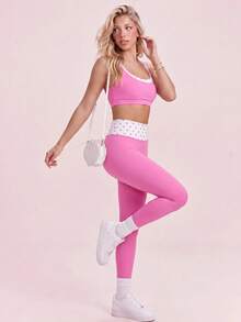 Sovereign Charm Women's Polka Dot Patchwork Camisole & Leggings Sports Set - Hot Pink - View 3