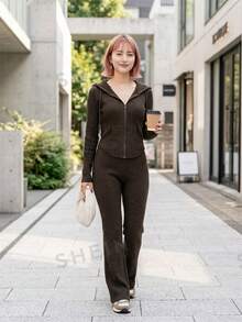 SHEIN PETITE 2pcs/Set Women Casual Hooded Sweatshirt With Pockets & Ribbed Flare Pants, Versatile Autumn/Winter Outfit ,Petite Women - Chocolate Brown - View 7