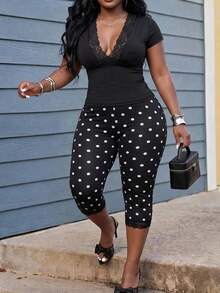 Slaydiva Spring Summer Easter Sexy Casual Elegant Vacation Party Music Festival Short Sleeve Deep V-Neck Lace Trim T-Shirt Black White Polka Dot Pants Set - Black - View 2