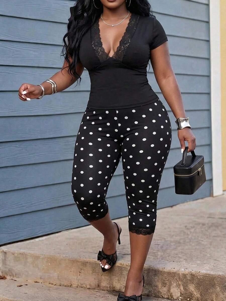 Slaydiva Spring Summer Easter Sexy Casual Elegant Vacation Party Music Festival Short Sleeve Deep V-Neck Lace Trim T-Shirt Black White Polka Dot Pants Set