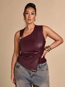 SHEIN BAE CURVE 大尺碼女款金屬扣飾百褶不對稱下擺上衣 冬季 - 酒紅色 - 查看 4