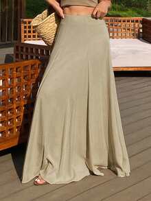 DAZY Women's Solid Color Loose A-Line Skirt, Elegant Resort Wear, Spring/Autumn - Apricot - View 4