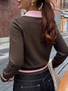 DAZY Women's Elegant Colorblock Pullover Sweater Fall - Brown - View 2