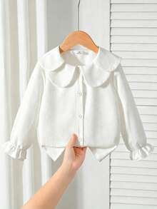 SHEIN Elladie kids 女童時尚甜美可愛領口白色荷葉邊長袖襯衫，學院風百搭上衣，適合日常優雅休閒穿著與校園秋季穿搭 - 白色 - 查看 4