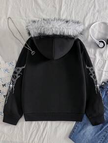 1pc Girls Dark Sweet Cool Style Thickened Hooded Zip-Up Sweatshirt Jacket With Faux Fur Collar, Rhinestone Letter, Fleece Lining, Loose Long Sleeve Sweatshirt Coat For Autumn/Winter - Black - View 2