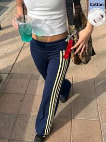Muchica 女款海軍藍棉混紡直筒針織長褲，附織帶拼接與印花，適合休閒外出、街頭風與Y2K風格 - 寶藍色 - 查看 6