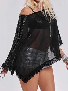 ROMWE Y2K Sexy Fishnet Hollow Out Cape Cover-Up Top For Women Plus Size - Black - View 4
