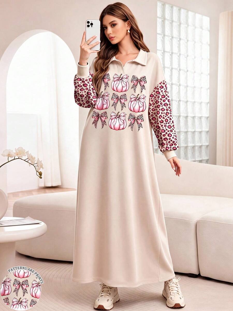 Modelyn 女款萬聖節主題拼色豹紋拼接長袖粉色蝴蝶結南瓜印花杏色長版衛衣洋裝,秋冬時尚 Polo 領洋裝,適合日常休閒外出與派對穿著 - 彩色 - 查看 1