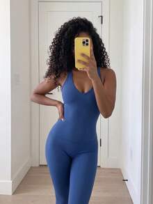 SHEIN Core Rhythm Solid Color Backless Slim Fit Sports Modest Athleisure Jumpsuit Gym Slate Blue Summer - Navy Blue - View 4