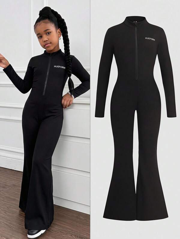 SHEIN Tween Girls Black Casual Sports Streetwear Daily Jumpsuit