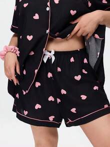 Bonmuse Heart Print Plus Size Women Bubble Crinkle Short Sleeve Shorts Pajama Set - Black - View 8