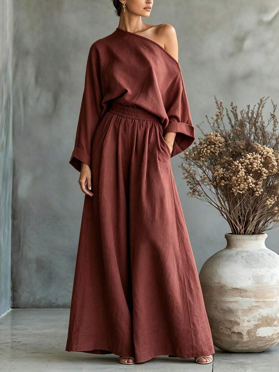 Omancia 2pcs/Set Kemeja Kasual Lengan Panjang Model Batwing dengan Bahu Asimetris & Celana Panjang Lebar dengan Pinggang Elastis - Rust Brown - View 1