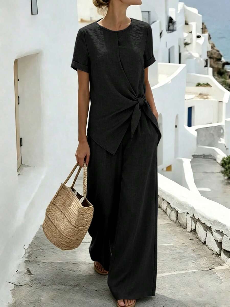 Louniche 女款春夏淺灰色側結短袖上衣與慢跑褲套裝,度假風休閒寬鬆兩件式穿搭 - 黑色 - 查看 1