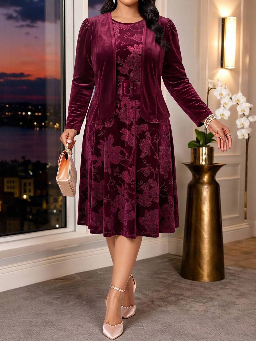 Fleurora Plus Size Women Solid Color Petal Sleeve Jacket And Jacquard Dress Elegant Set - Rusty Rose - View 1