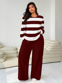 Solflare Plus Size Women 2 Pieces Set: Loose Round Neck T-Shirt And Straight Leg Pants Red Fall - Burgundy - View 3