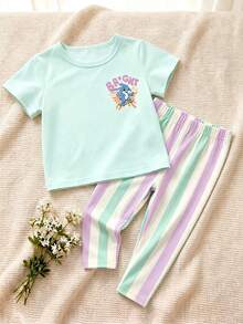 Baby Girl Casual Minimalist Cute Cartoon Blue Rabbit Lulu, Stitch Pattern, Striped, Round Neck Loose Short Sleeve T-Shirt And Leggings Set, Suitable For Spring/Summer, Kawaii, Graphic, Cozy, Vacation Style, Dopamine Color, Looks Of Party - White - View 6