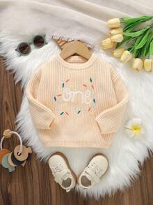 SHEIN 幼童女嬰舒適針織毛衣，柔軟羅紋套頭衫，刺繡單一設計，可愛休閒風格，柔軟舒適 - 杏色 - 查看 5