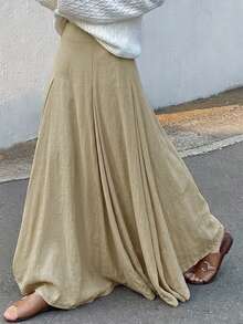 DAZY Women's Solid Color Loose A-Line Skirt, Elegant Resort Wear, Spring/Autumn - Apricot - View 9