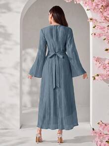 Modelyn 女款素色休閒優雅端莊派對早午餐茶會洋裝 灰藍色 秋冬 - 藍色 - 查看 2