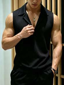 Manfinity Dauomo 男士純色 Polo 領休閒老錢風背心 - 黑色 - 查看 3