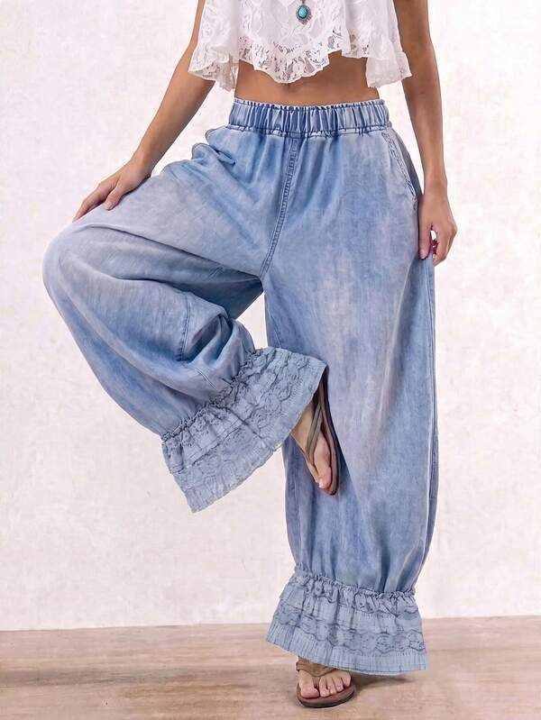 Bohemela Celana Jeans Denim Kasual Longgar Wanita dengan Saku dan Hem Berumbai