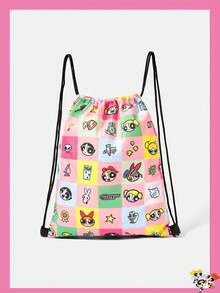 THE POWERPUFF GIRLS X SHEIN Color Block Grid Cartoon Character & Mini Element Print Drawstring Storage Backpack, Portable Drawstring Sack Bag For Sports Gym Travel Daily Carry - Cartoon-3 - View 1