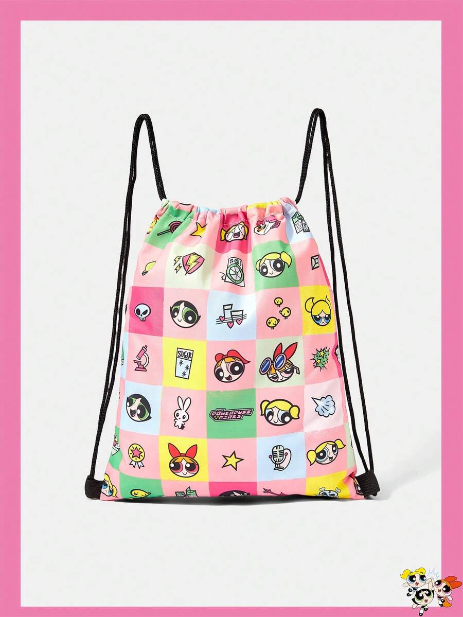 THE POWERPUFF GIRLS X SHEIN Color Block Grid Cartoon Character & Mini Element Print Drawstring Storage Backpack, Portable Drawstring Sack Bag For Sports Gym Travel Daily Carry - Cartoon-3 - View 1