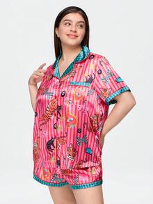 Bonmuse Young Vibrant Fun Tiger Butterfly Lightning Cat Wave Stripe Print Lapel Open Front Satin Plus Size Women's Pajama Set - Multicolor - View 6