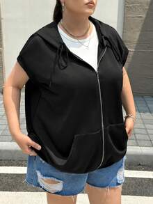SHEIN CURVE+ 大尺碼休閒秋季拉鍊抽繩連帽衛衣，2026冬季 22W - 黑色 - 查看 7