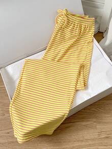 Pantalones largos casuales de uso diario para adolescentes con rayas, bloques de color y cintura con cordón - Amarillo - Ver 1