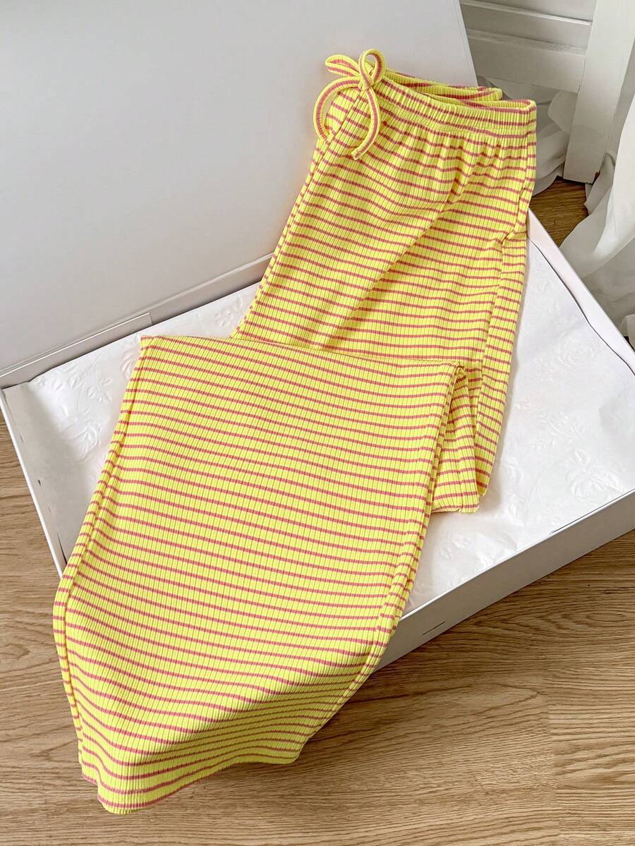 Pantalones largos casuales de uso diario para adolescentes con rayas, bloques de color y cintura con cordón - Amarillo - Ver 1