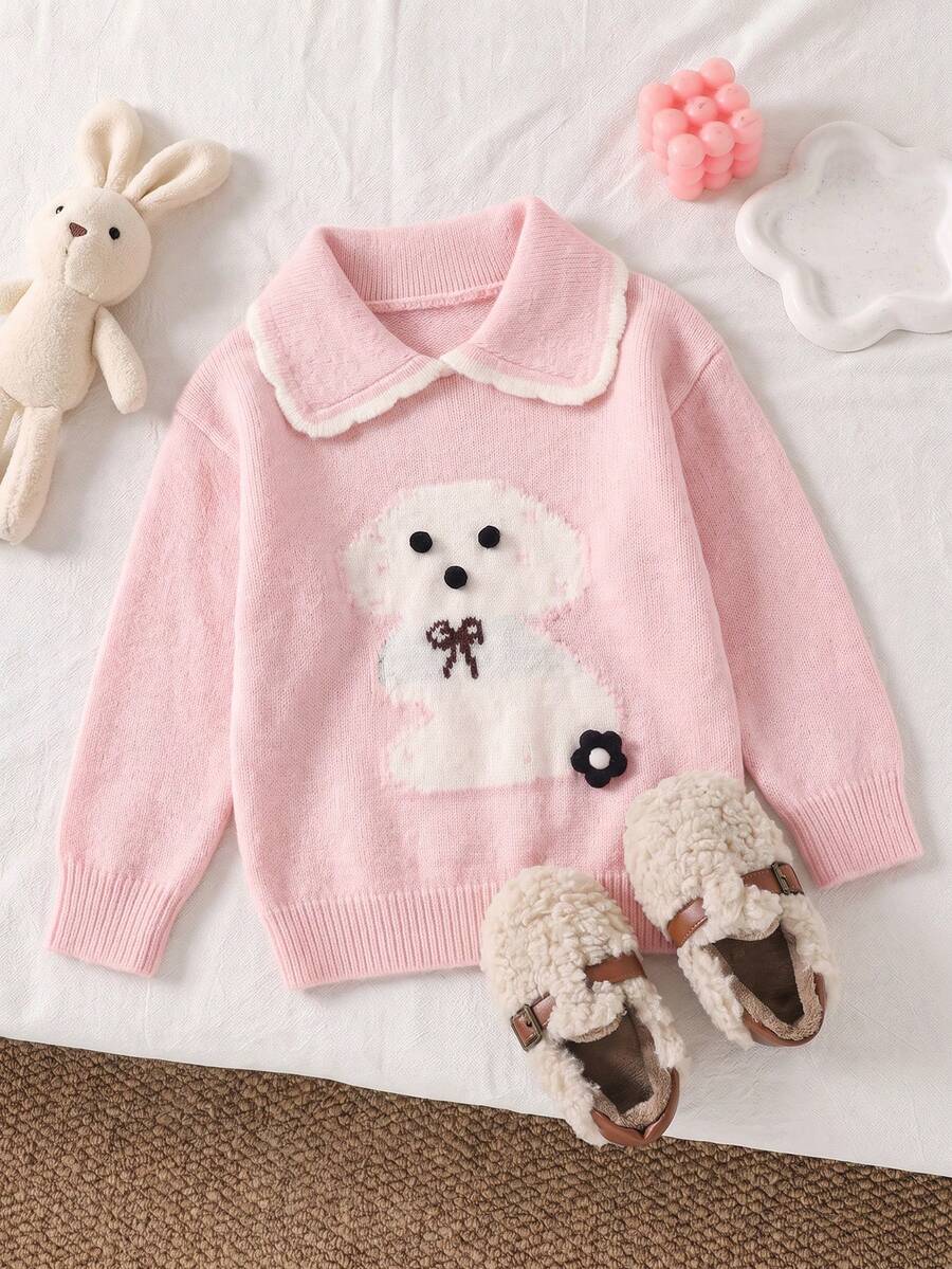 SHEIN Playful Pals 女童可愛蝴蝶結與小熊提花針織套頭毛衣,手工3D花朵裝飾,保暖舒適,適合秋冬日常穿著 - 粉色 - 查看 1