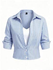 SHEIN Elenzya 夏季新款藍白條紋女款二合一襯衫，收腰短版領口設計，小眾通勤顯瘦女裝襯衫，專業百搭優雅 - 藍白色 - 查看 6