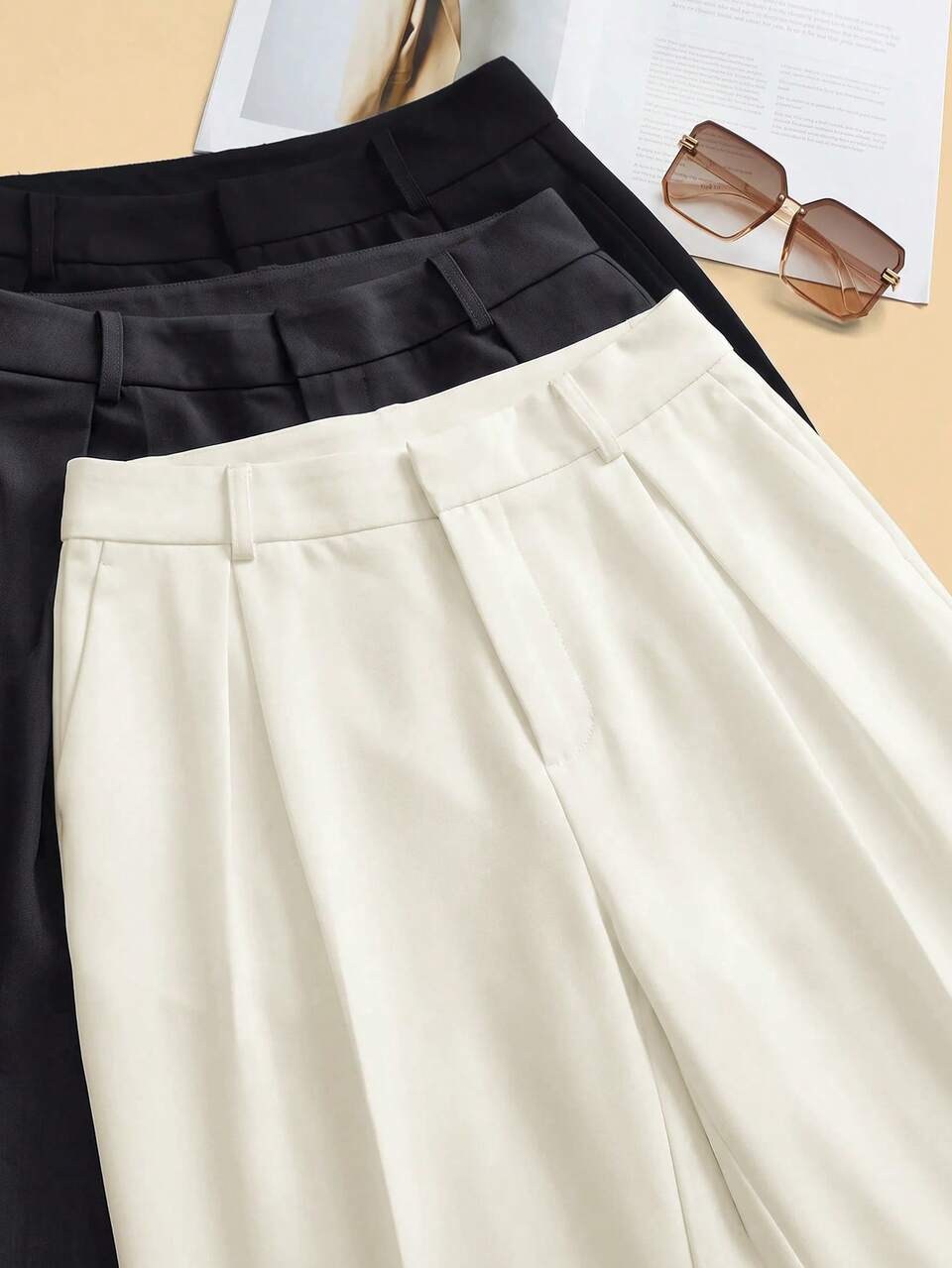 Anewsta Essential 3 Pairs Anewsta Modern Fashion Elegant Solid Color Minimalist 3-Piece Set Wide Leg Women's Suit Pants New Year's Women Outfit, Black Pants, Apricot-Color, Gray