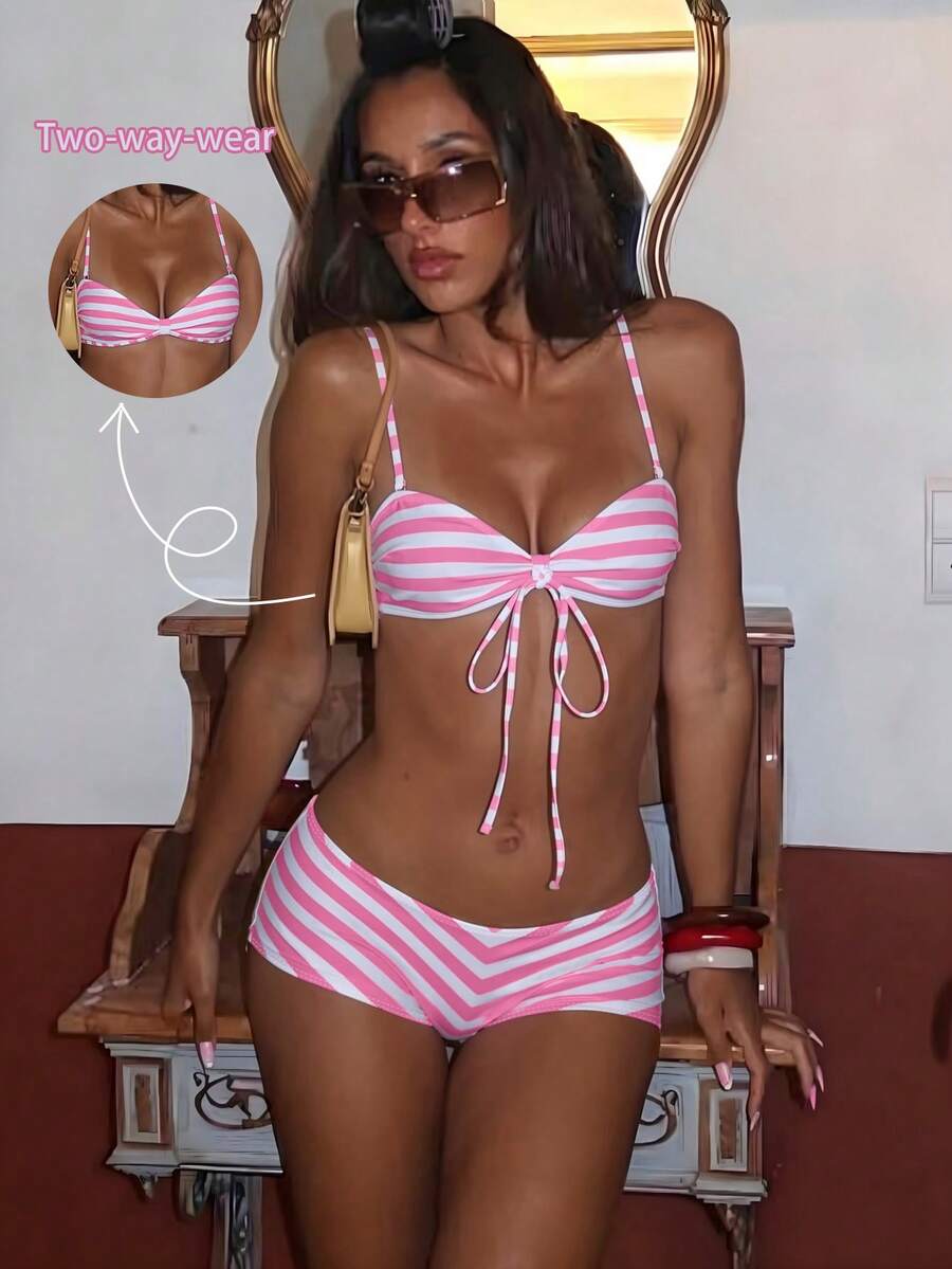 SHEIN Swim 女款夏季度假套裝 母親節粉色與白色條紋性感海灘派對度假比基尼兩件套 - 粉色 - 查看 1